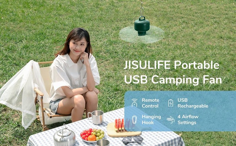 JISULIFE USB Rechargeable Hanging Ceiling Fan with Remote Control BD